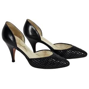 GAROLINI VINTAGE WOMEN'S BLACK LEATHER 3.5" HEELS SIZE 7.5M MADE IN ITALY